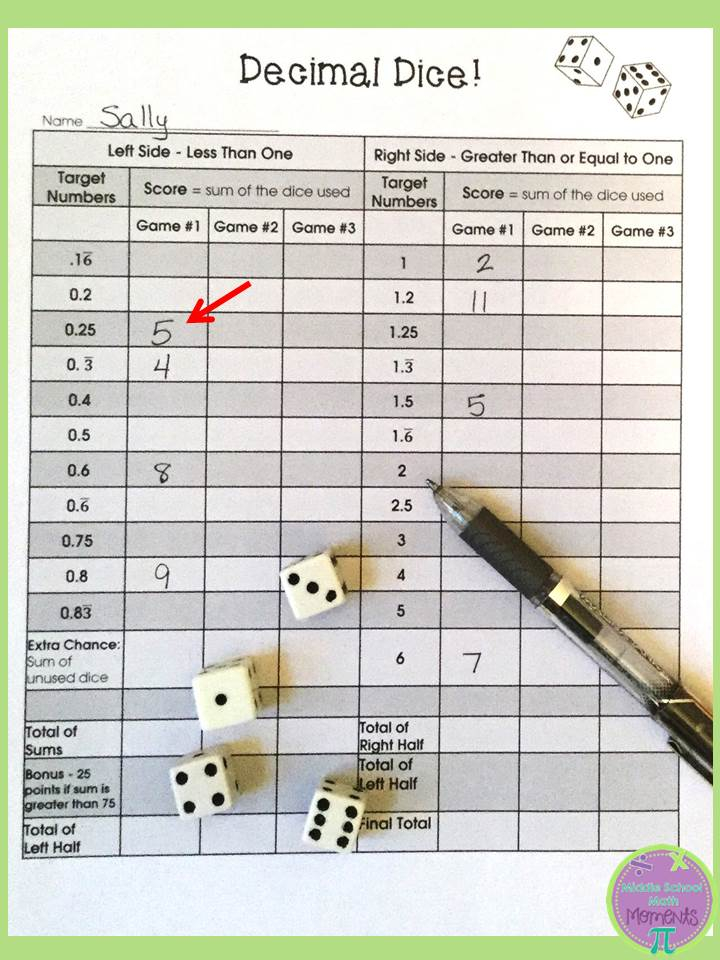 Middle School Math Moments and More Playing Decimal Dice 