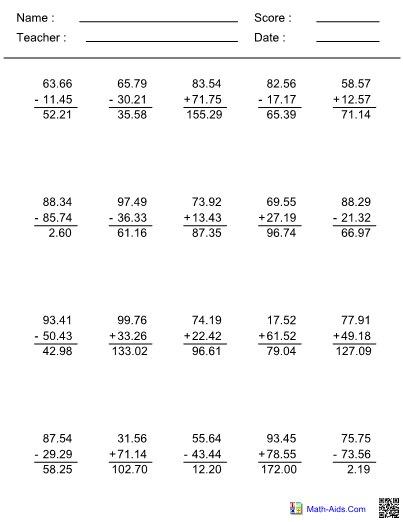 Mixed Decimals Worksheet