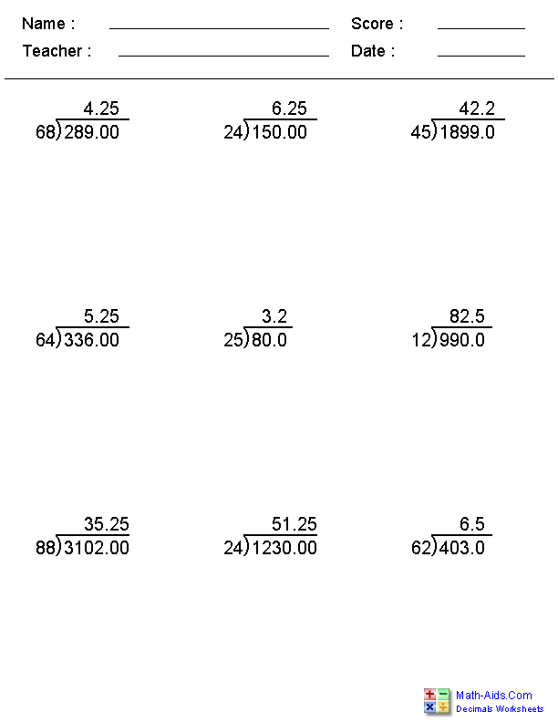 Mixed Quotient Division Worksheets Decimals Long