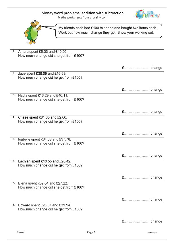 Money Word Problems Addition With Subtraction Fraction And Decimal 