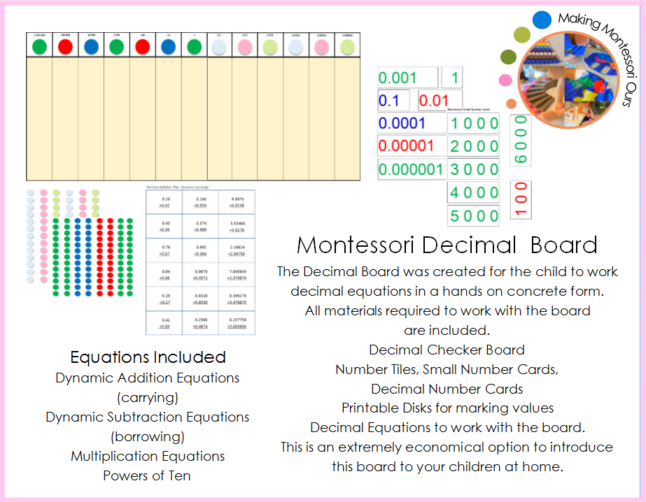 Montessori Decimal Board Printable Materials Package Making 