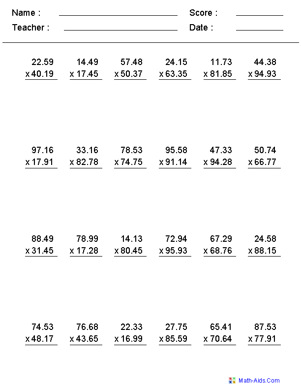 Multiplication Decimals Worksheets Grade 5 5th Grade Multiplying