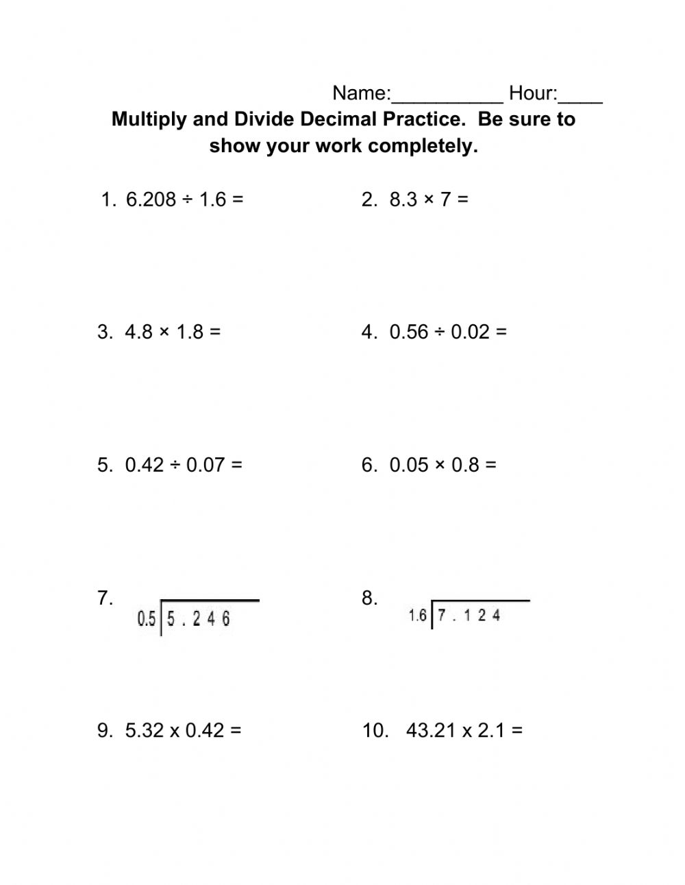 Multiply And Divide Decimals Worksheet