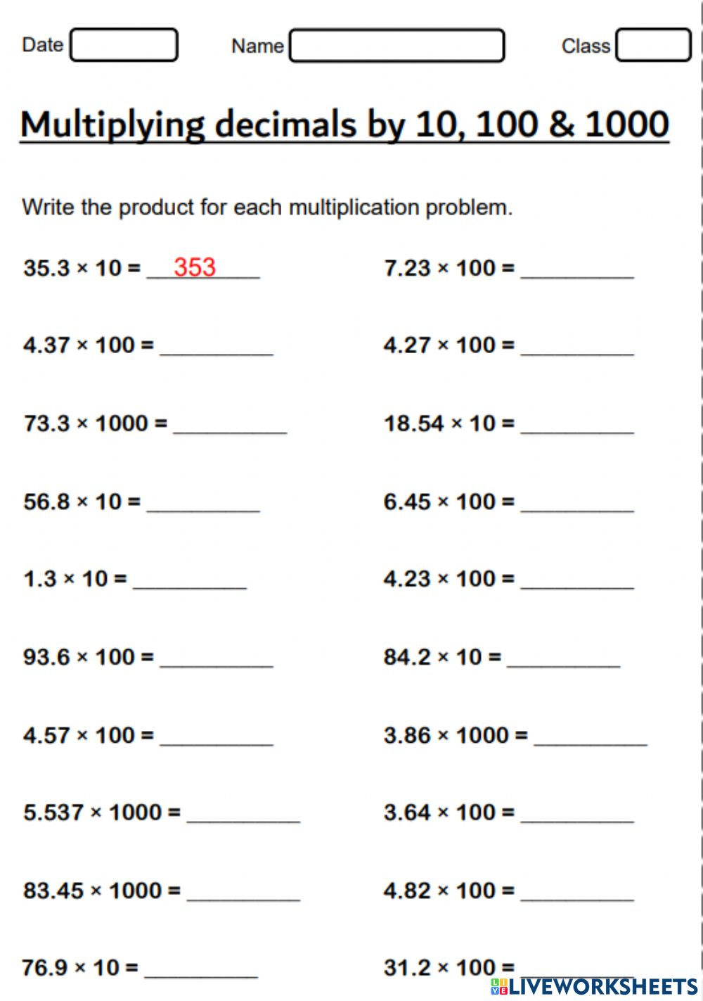 Multiply Decimals With 10 100 1000 Worksheet