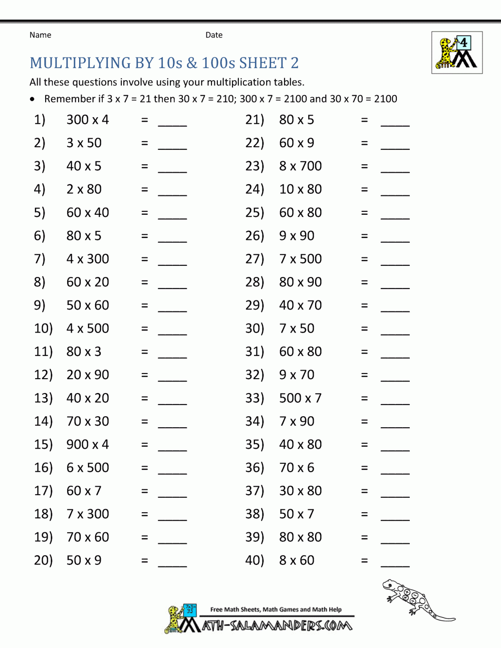 Multiplying By Multiples Of 10