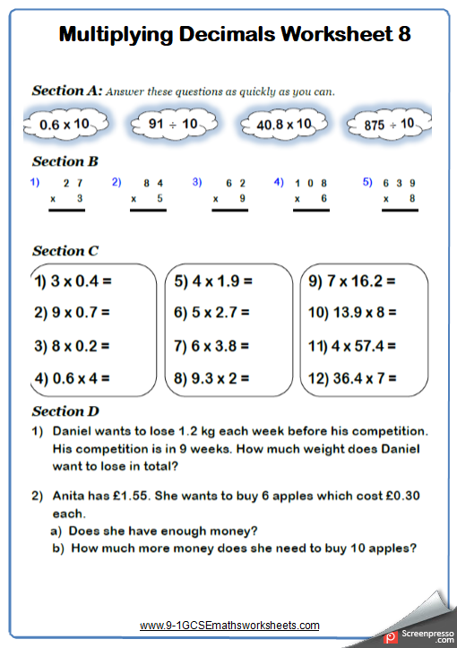 Multiplying Decimals A Maths Worksheet And Answers GCSE Foundation 