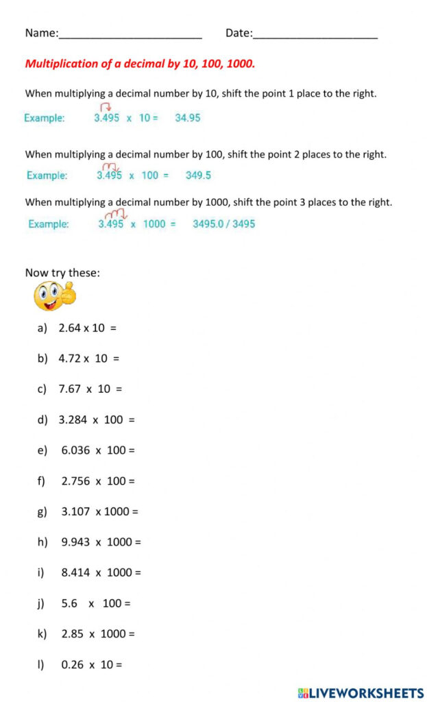 Multiplying Decimals By 10 100 1000 Worksheet