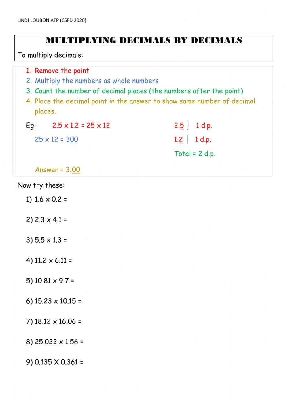 Multiplying Decimals By Decimals Worksheet