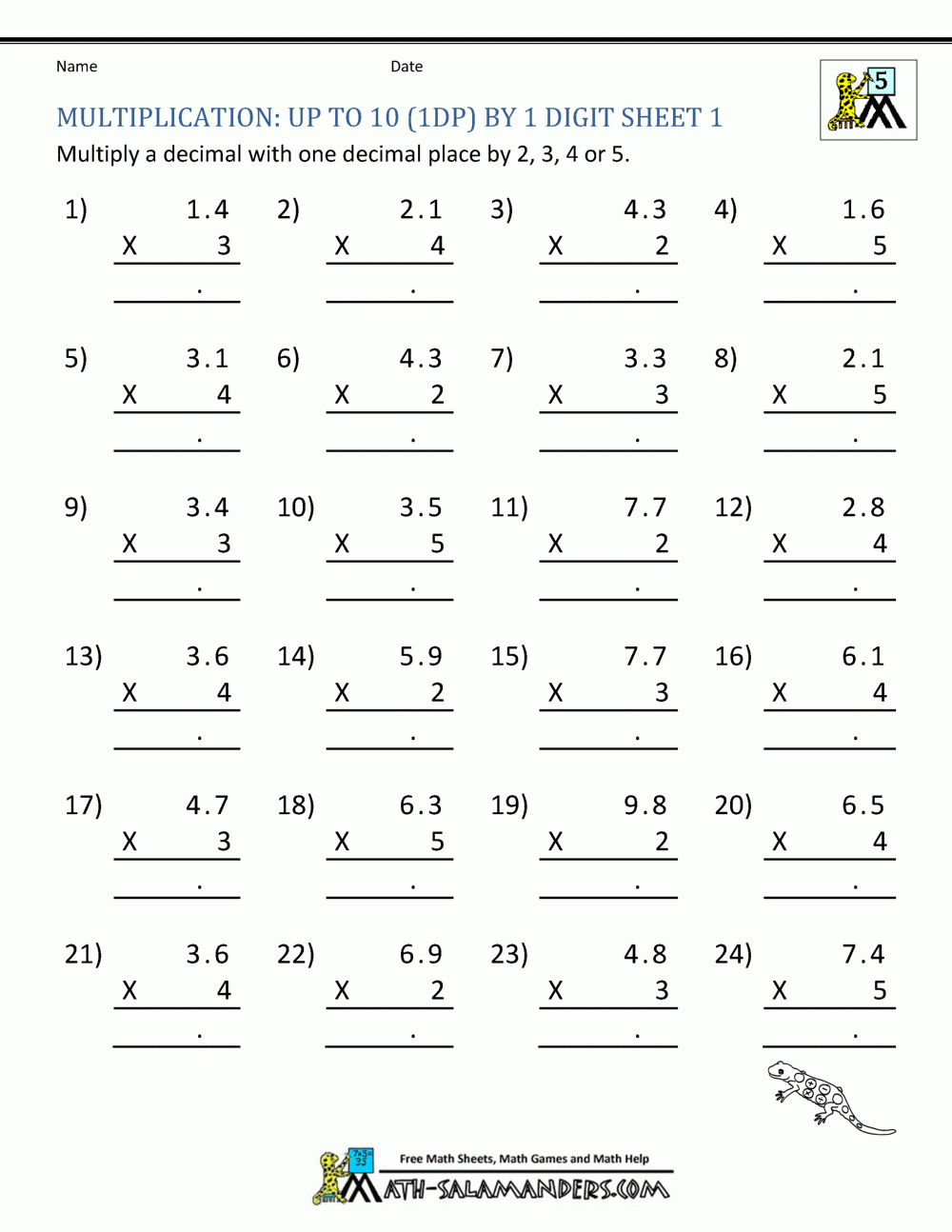 Multiplying Decimals Test 5Th Grade