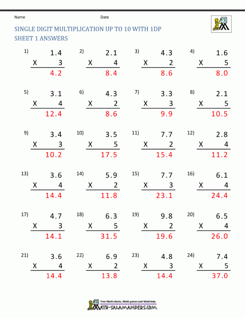 Multiplying Decimals Worksheet 7th Grade