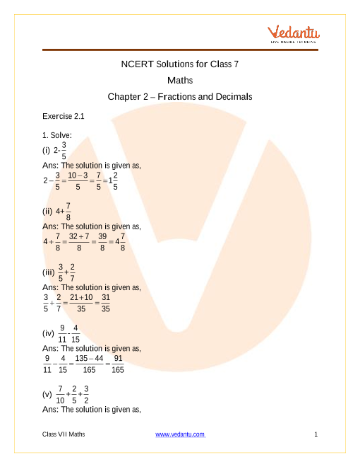 NCERT Solutions For Class 7 Maths Chapter 2 Fractions And Decimals