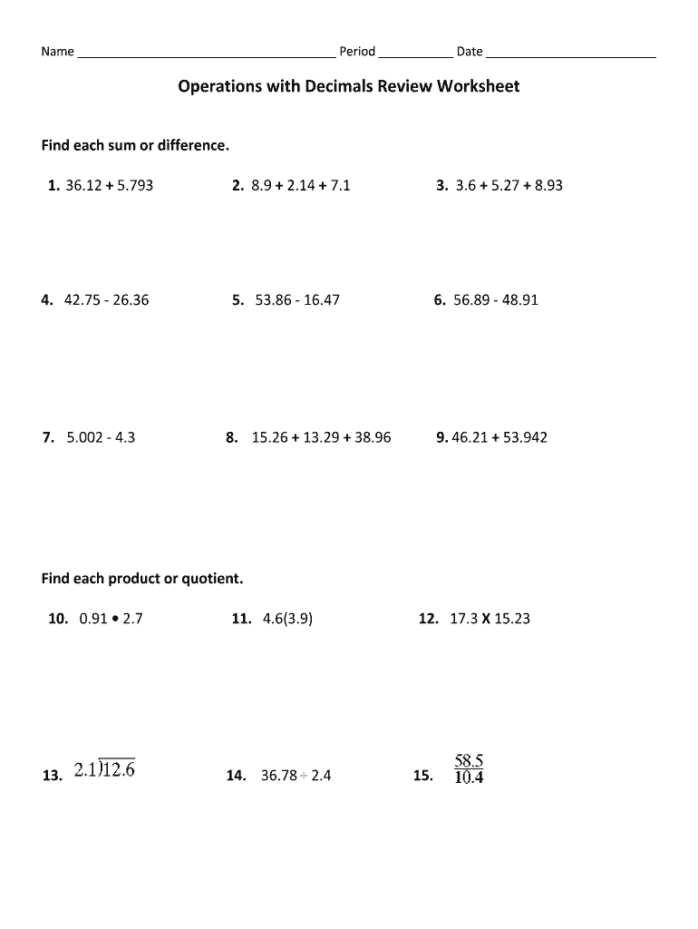 Operations With Decimals Review Worksheet Fill Out Sign Online DocHub