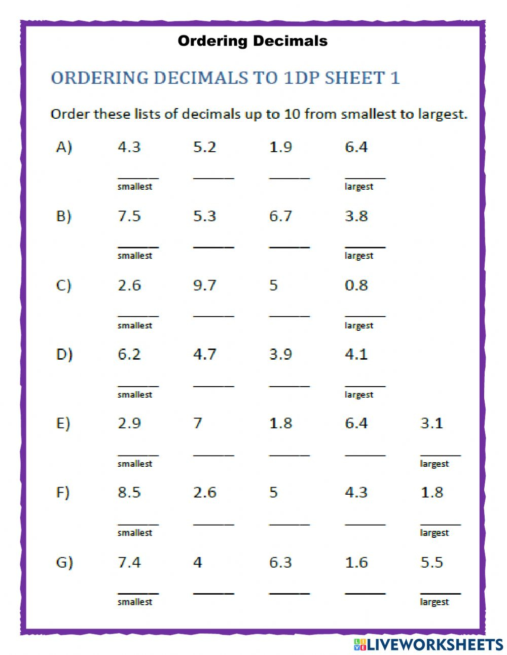 Ordering Decimals Online Worksheet