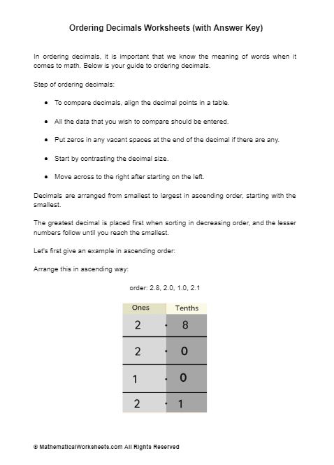 Ordering Decimals Worksheet with Answers Key Mathematicalworksheets