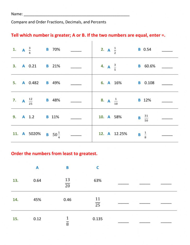 Ordering Fractions And Decimals Worksheet Educational Worksheet