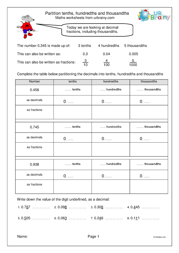 Partition Tenths Hundredths And Thousandths Fraction And Decimal 