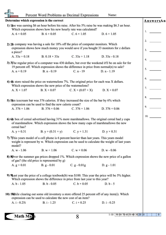 Percent Word Problems As Decimal Expressions Worksheet Printable Pdf 