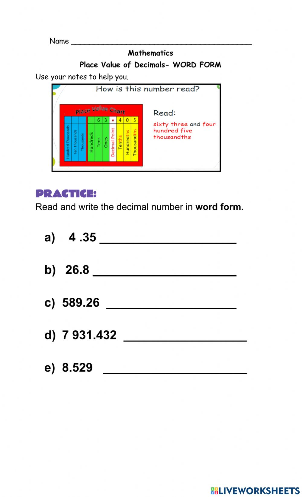 Place Value Of Decimals Exercise