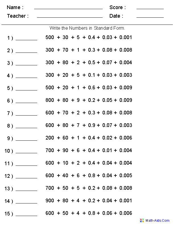 Place Value Worksheets Place Value Worksheets Standard Form Math 