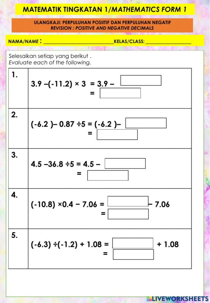 Positive And Negative Decimals Exercise