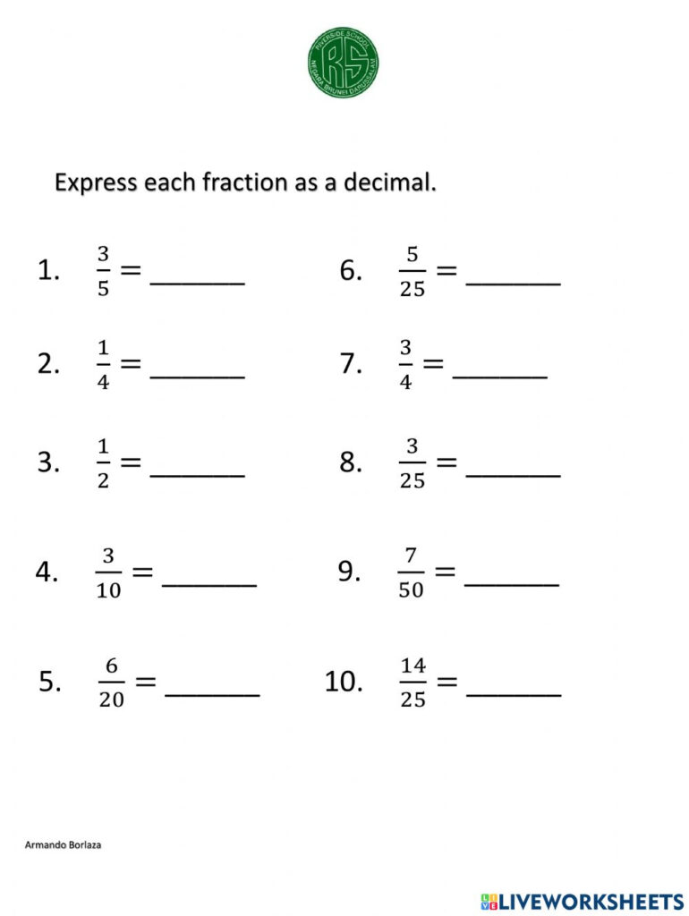 Proper Fraction To Decimal Worksheet