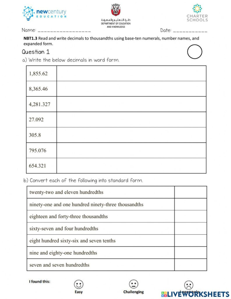 Read Write Decimal Numbers Interactive Worksheet