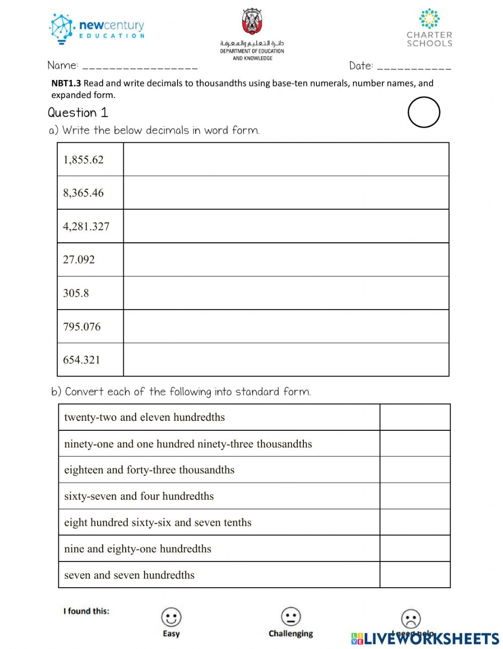 Read Write Decimal Numbers Interactive Worksheet