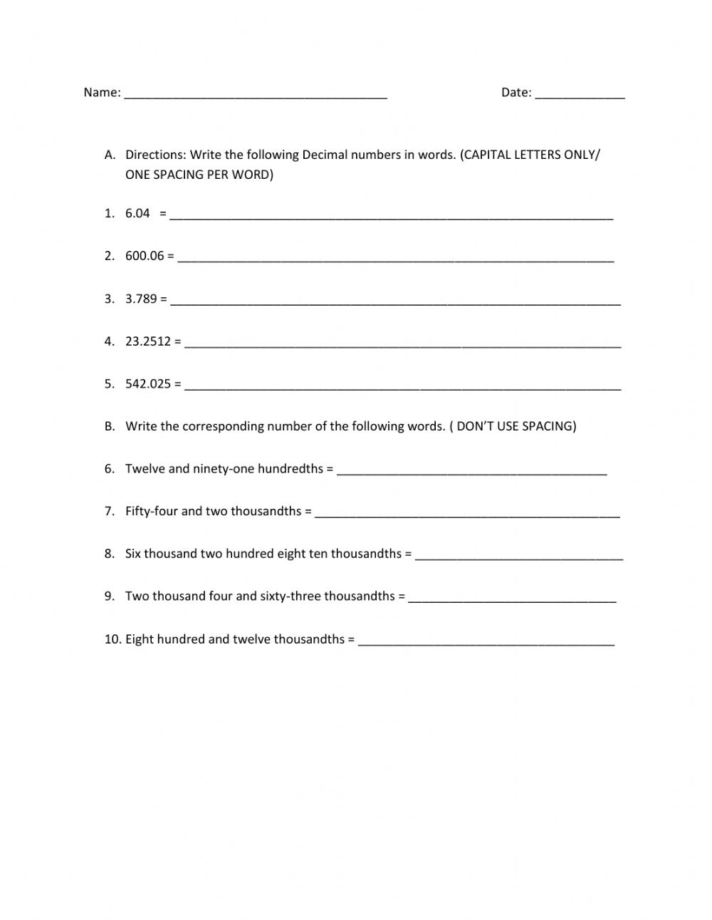 Reading And Writing Decimals Worksheet