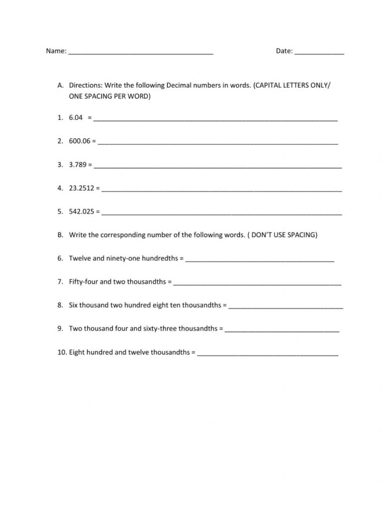 Reading And Writing Decimals Worksheet