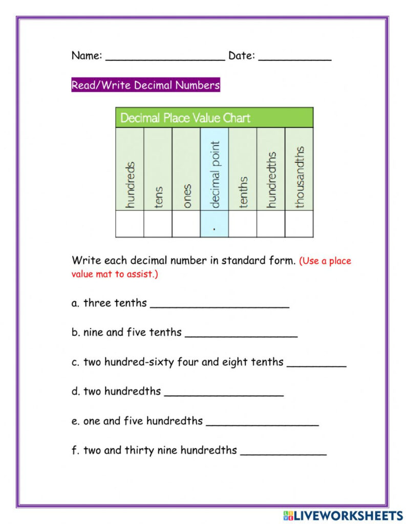 Reading And Writing Decimals Worksheets