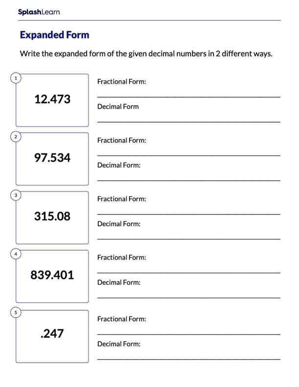 Representing Decimals As Expanded Form Math Worksheets SplashLearn