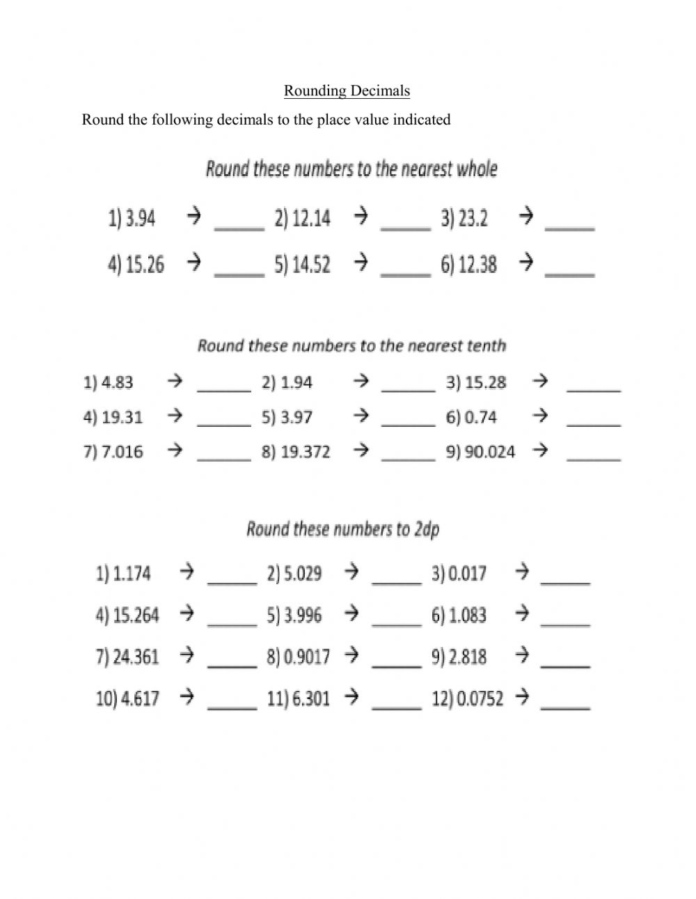 Rounding Decimals Online Worksheet