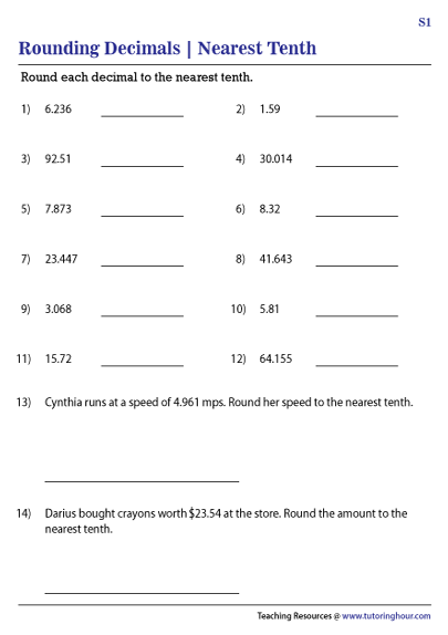 Rounding Decimals To The Nearest Tenth Worksheets