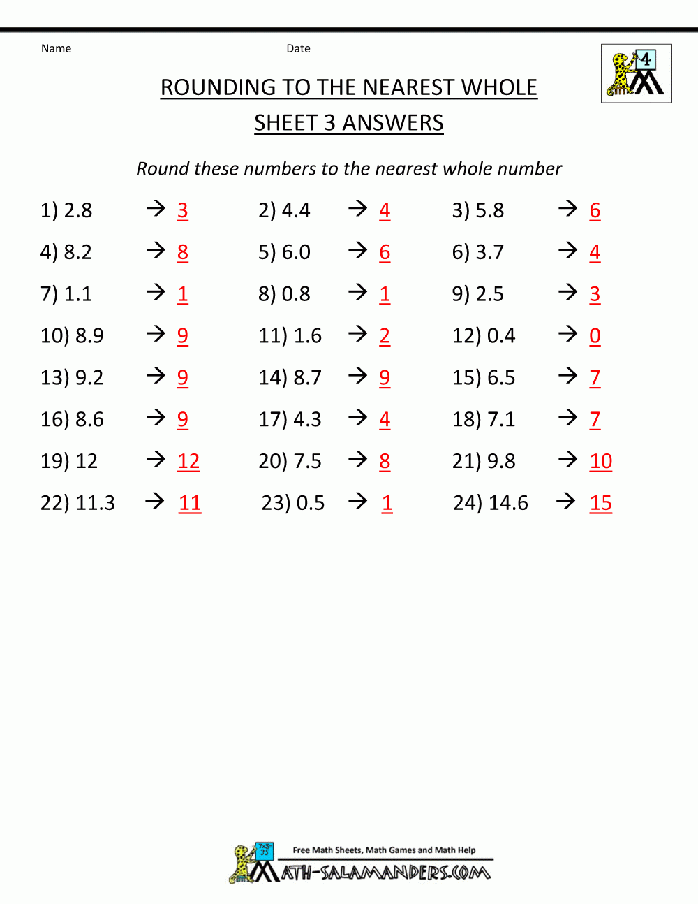 Rounding Decimals To The Nearest Whole