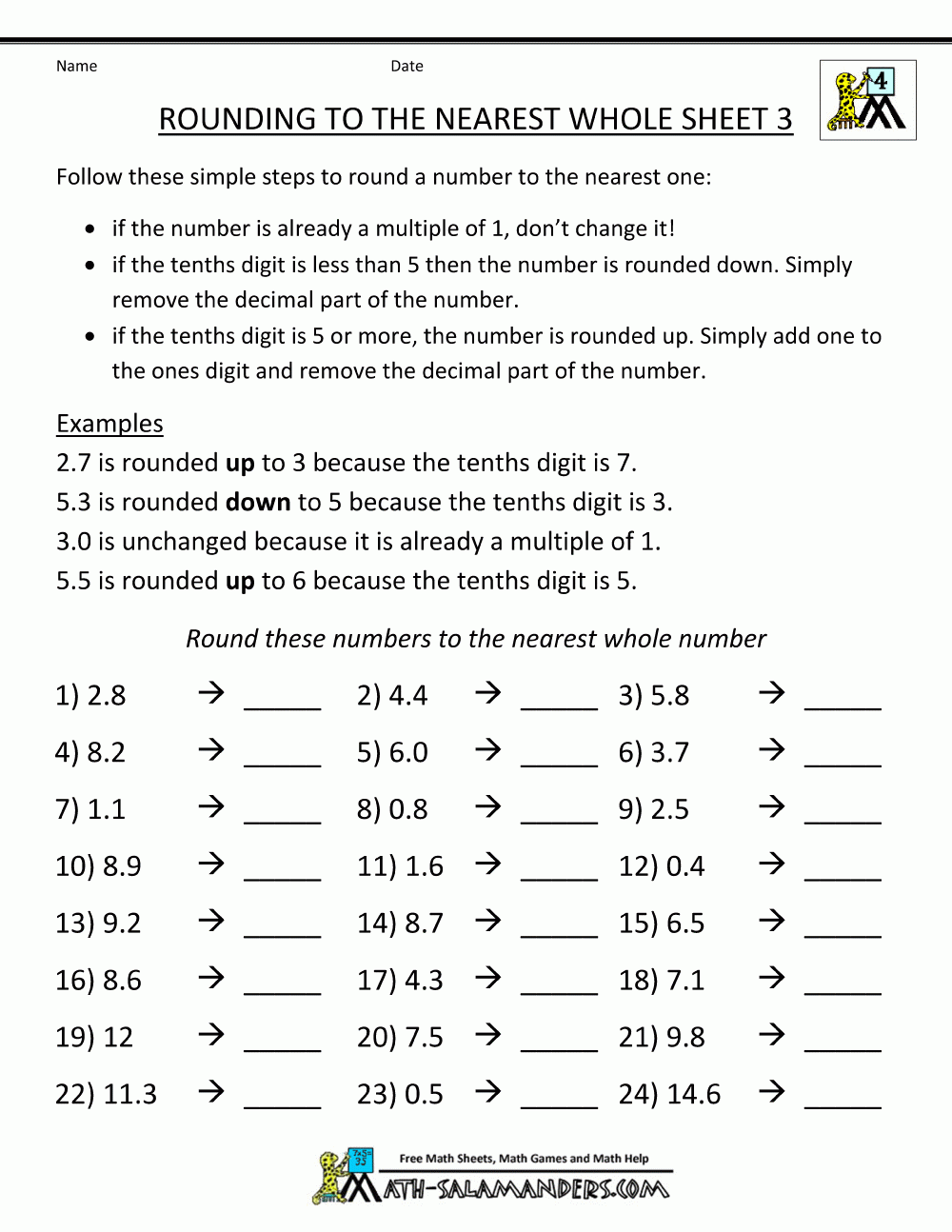 Rounding Decimals To The Nearest Whole