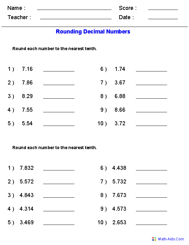 Rounding Decimals Worksheet Grade 7 Decimal Worksheets