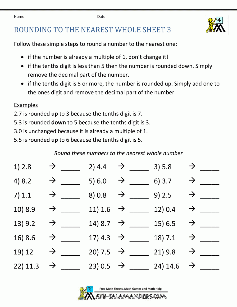 Rounding To The Nearest Whole Sheet 3 In 2020 Rounding Worksheets 