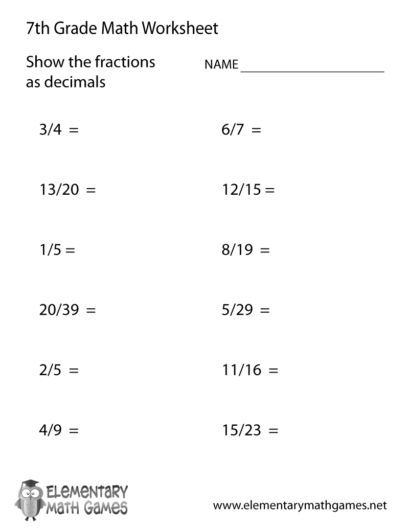 Seventh Grade Fractions And Decimals Worksheet Printable Decimals 