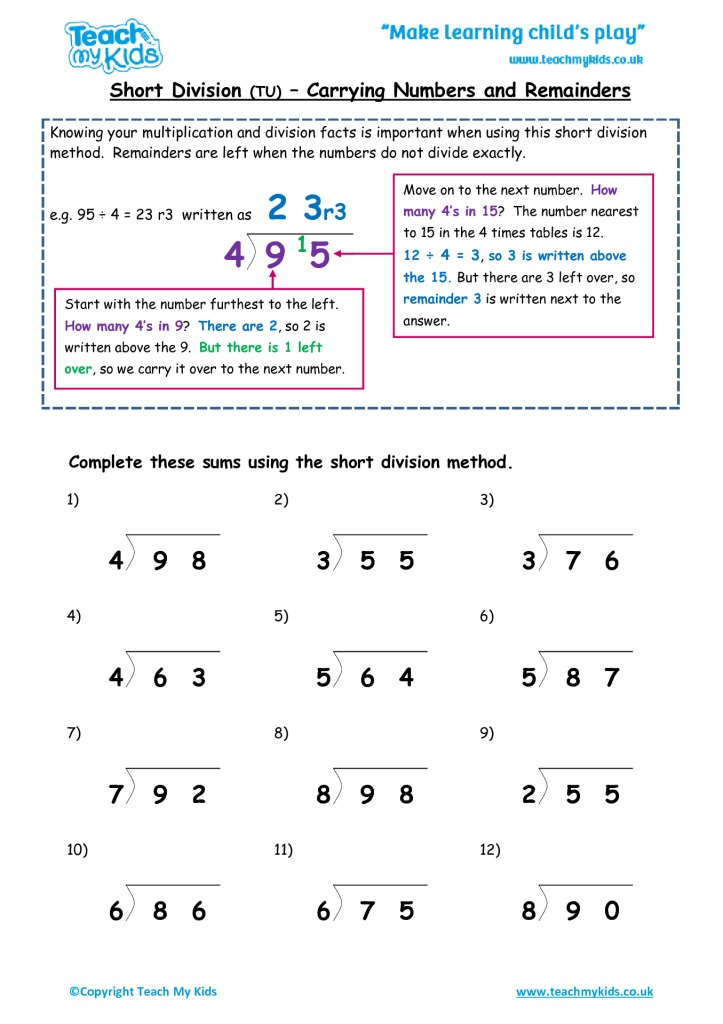 Short Division Tu Carrying Numbers And Remainders TMK Education