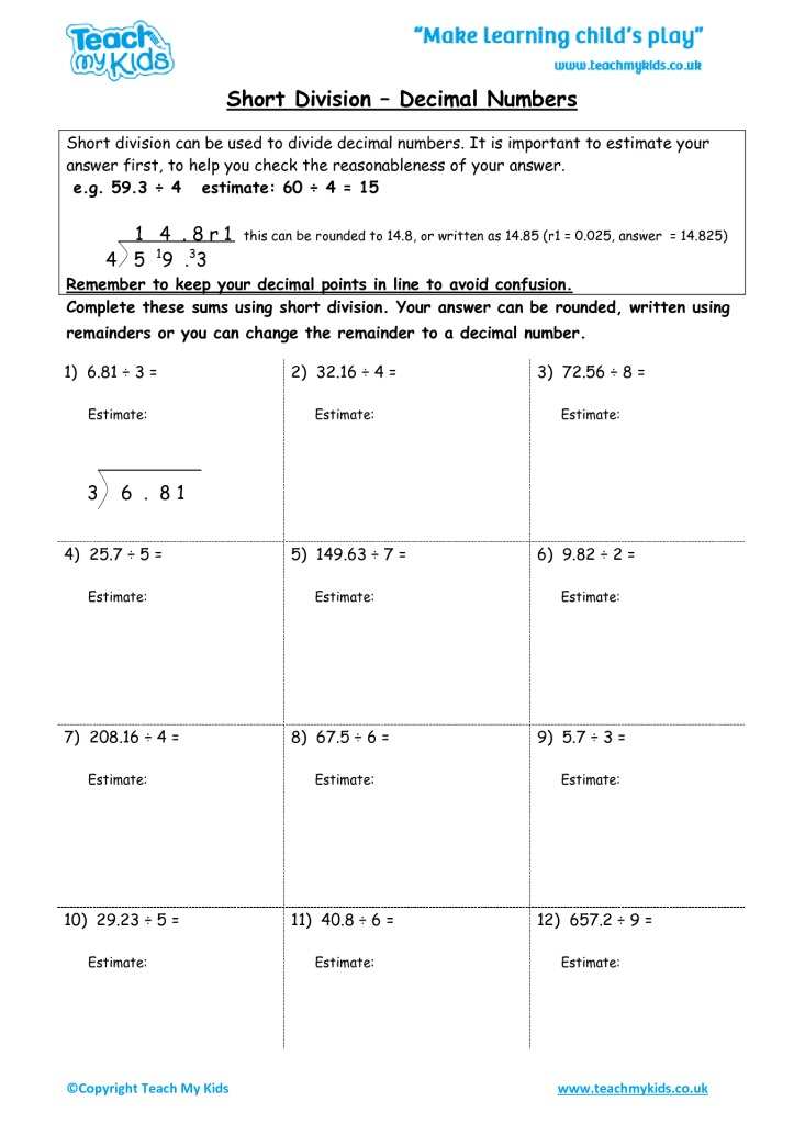 Short Division With Remainders Worksheet For 4th Grade Lesson Planet 