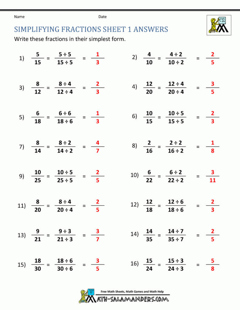 Simplifying Fractions Worksheet With Answers Make Jobs