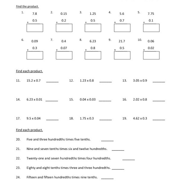 Sixth Grade Multiplying Decimals Worksheet 15 One Page Worksheets