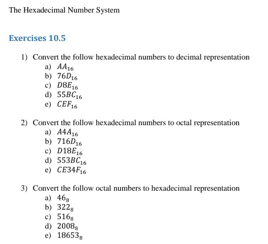 Solved Hexadecimal Number System Exercises 105 1 Convert