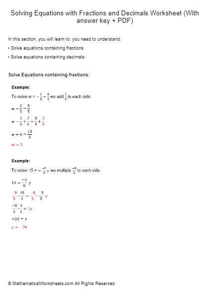 Solving Equations With Fractions And Decimals Worksheet With Answer