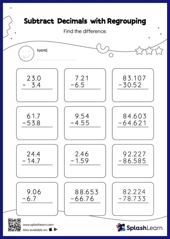 Subtract Decimals With Regrouping Worksheets For 5th Graders Online 