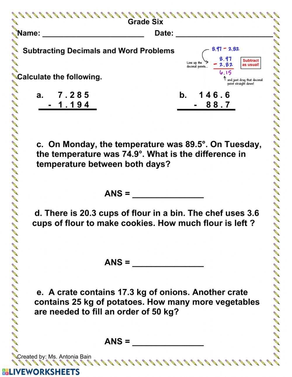 Subtracting Decimals Word Problems Interactive Worksheet