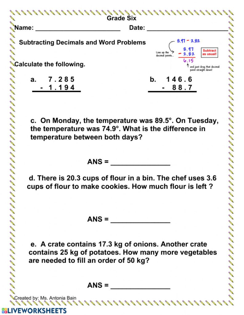 Subtracting Decimals Word Problems Worksheet