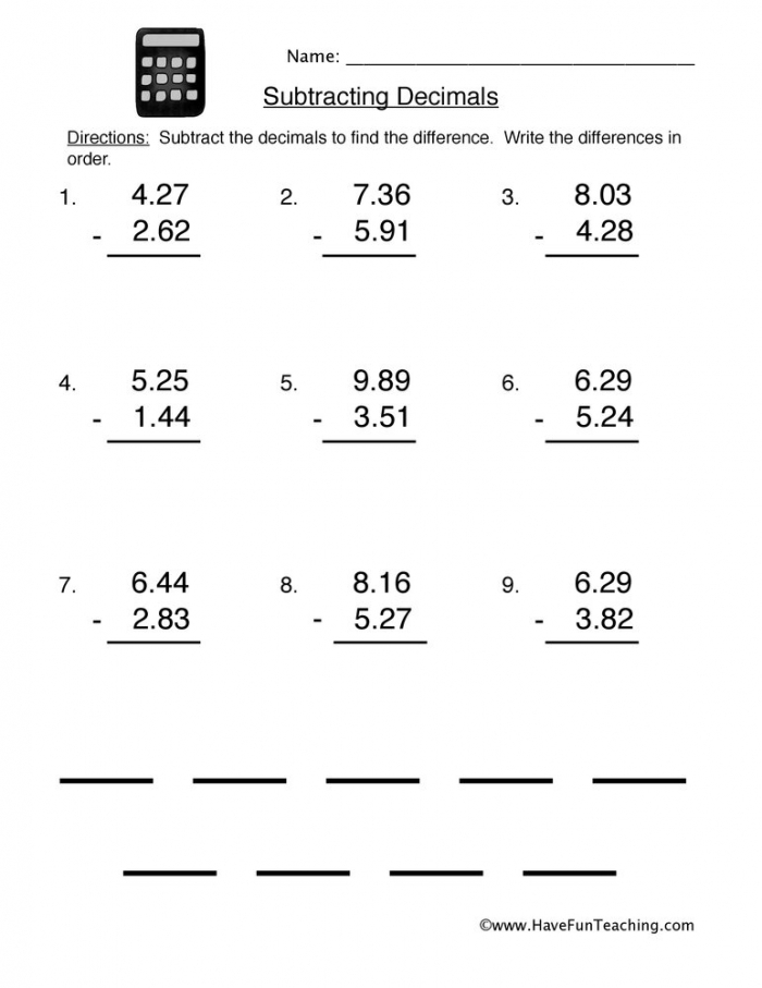 Subtracting Decimals Worksheets 99Worksheets