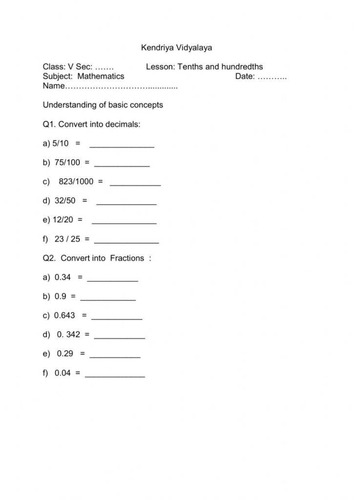 Tenths And Hundredths Activity