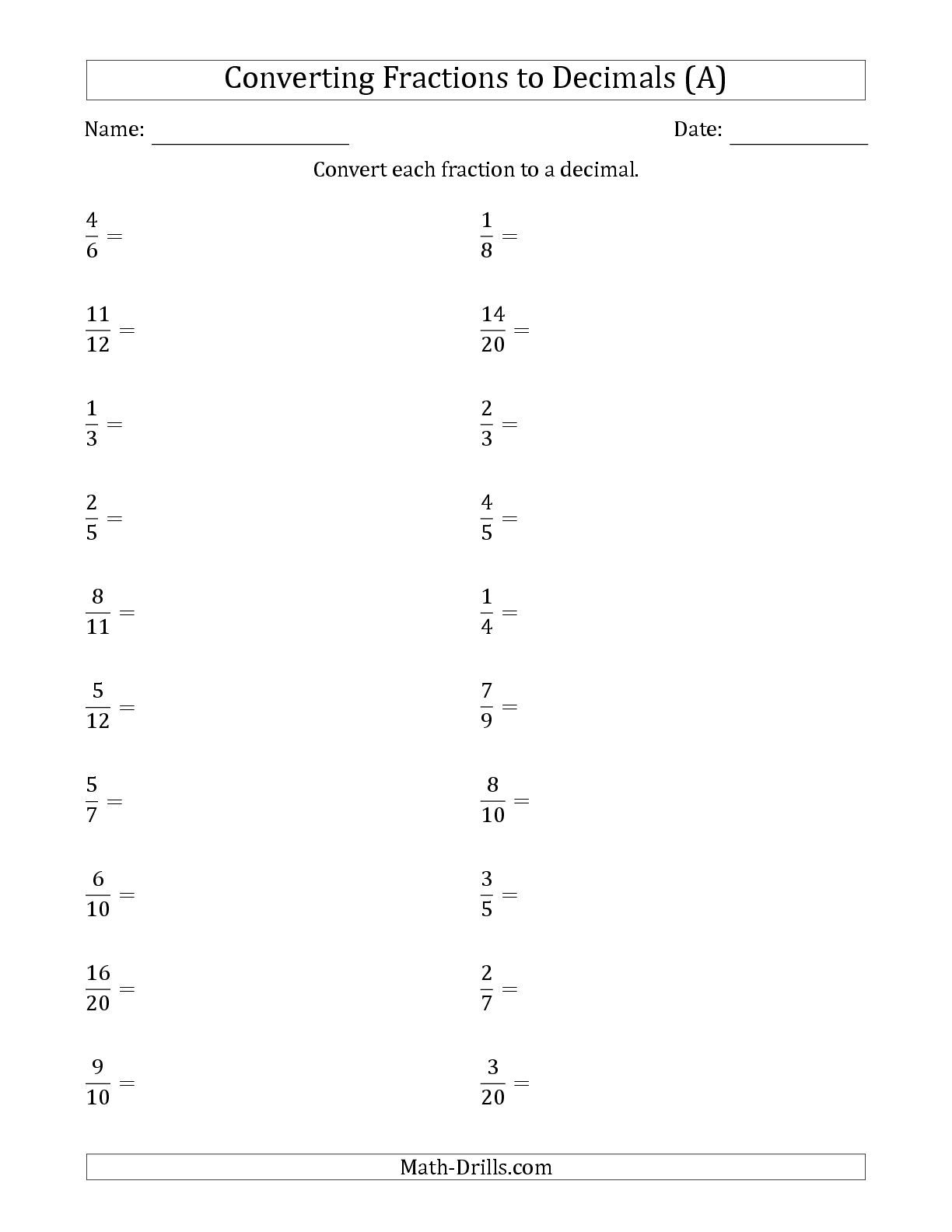 The Converting Fractions To Terminating And Repeating Decimals A Math 